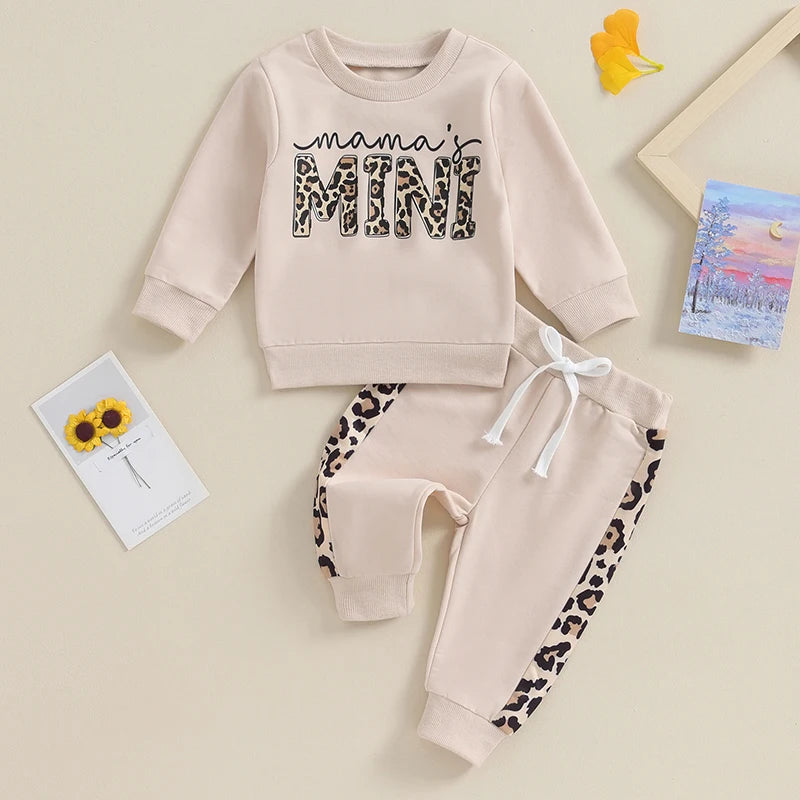 Baby Girl Leopard & Letter Print 2-Piece Outfit – Long Sleeve Pullover Top & Strap Pants (0-3T)