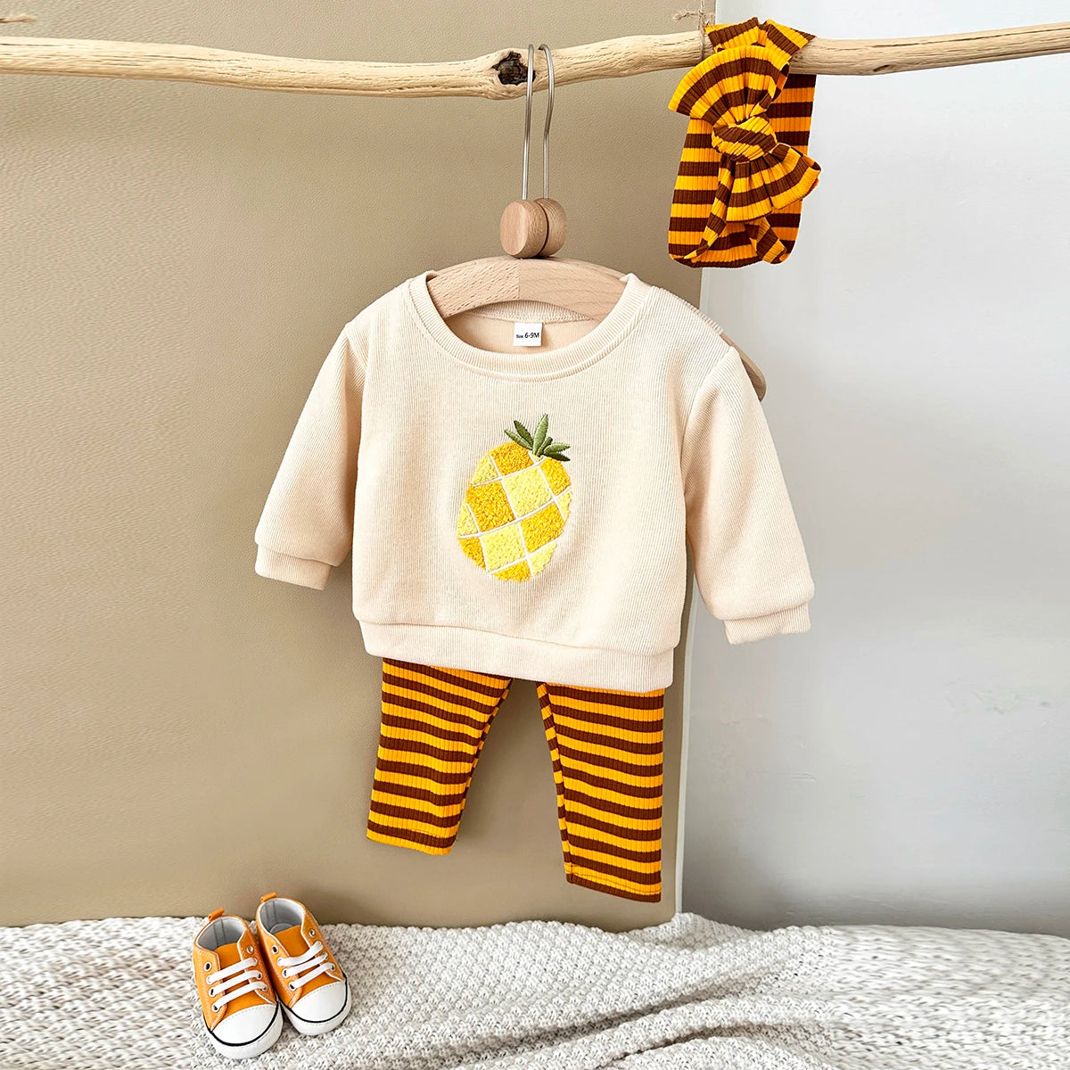 Fruit Embroidery Top, Striped Pants & Hair Band Set – Unisex (6M–18M)