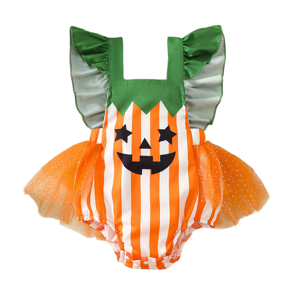 Halloween Pumpkin Mesh Romper – Girls (0–18M)