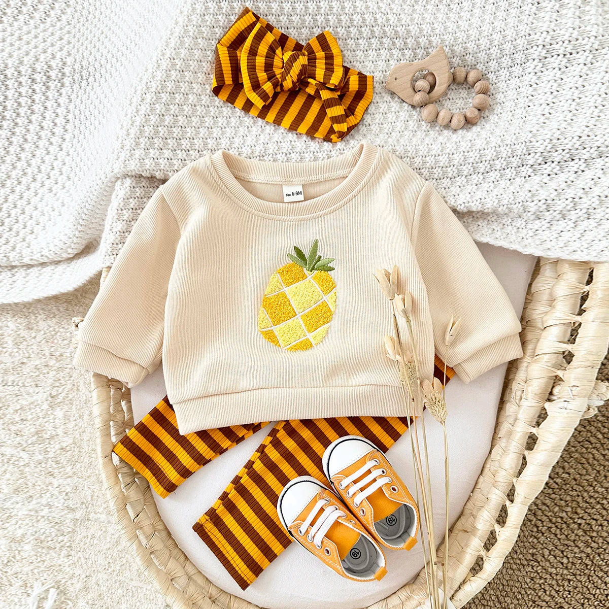 Fruit Embroidery Top, Striped Pants & Hair Band Set – Unisex (6M–18M)