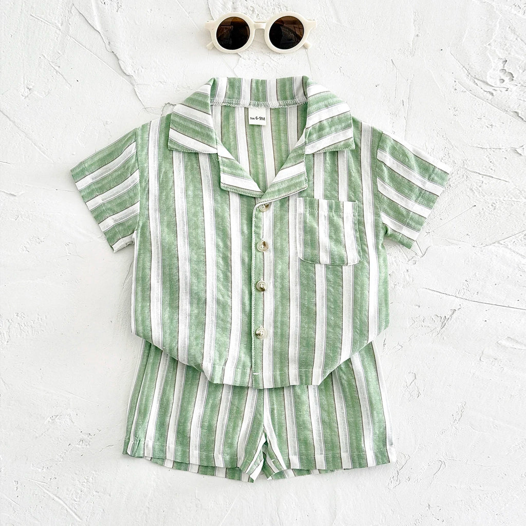 Green Stripe Shirt & Shorts Summer Set – Baby & Toddler (6M–3T)