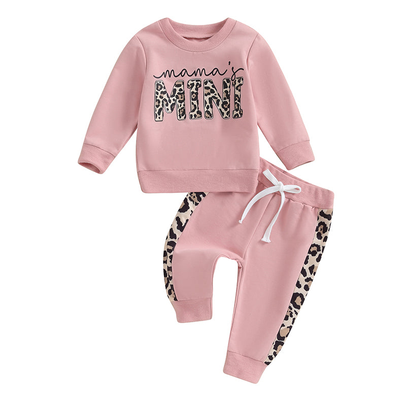 Baby Girl Leopard & Letter Print 2-Piece Outfit – Long Sleeve Pullover Top & Strap Pants (0-3T)