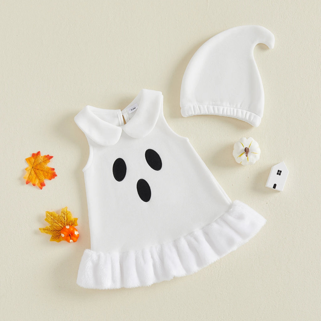 Halloween Pumpkin & Ghost Velvet Costume Dress & Hat – Girls (12M–24M)