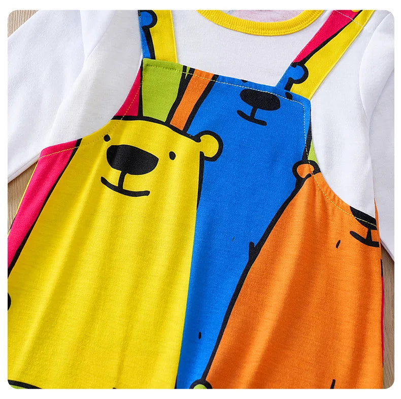 Bear Print Faux Suspender Romper – Baby (0–18M)