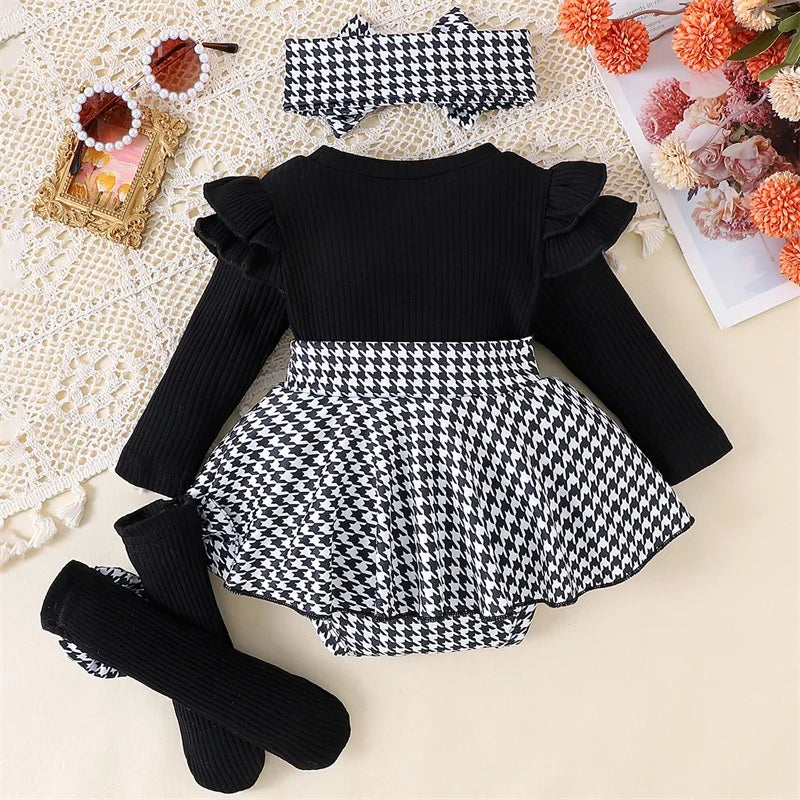 Houndstooth Romper Dress Set with Headband & Socks – Baby Girl (0M–18M)