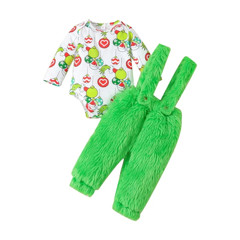 Holiday Christmas Romper & Plush Suspender Set – Baby & Toddler (6M–24M)