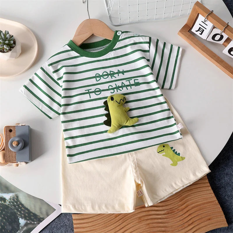 Dinosaur Striped T-Shirt & Shorts Set – Unisex (6M–5T)