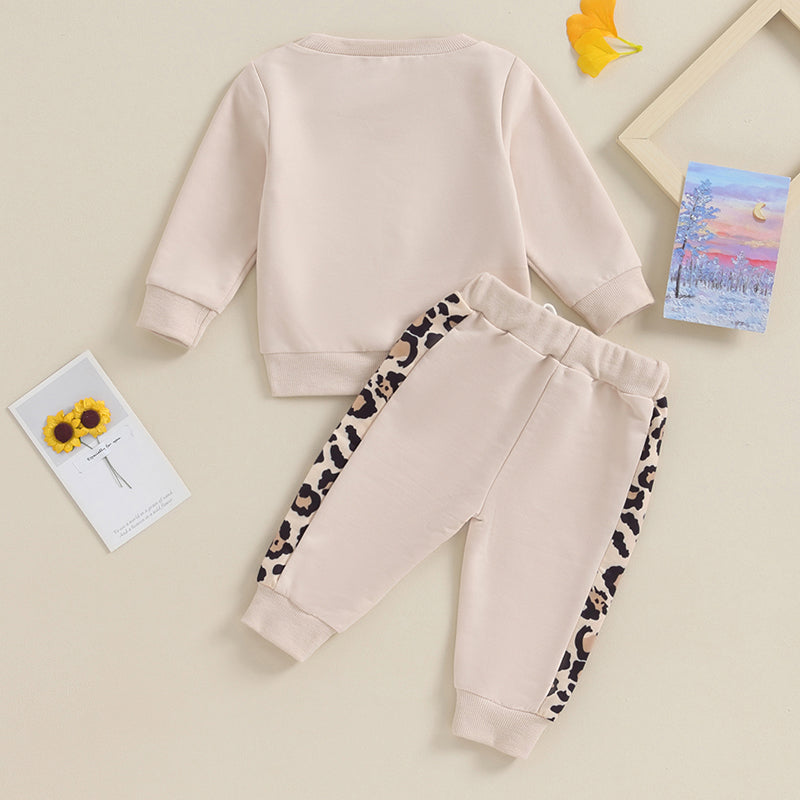 Baby Girl Leopard & Letter Print 2-Piece Outfit – Long Sleeve Pullover Top & Strap Pants (0-3T)