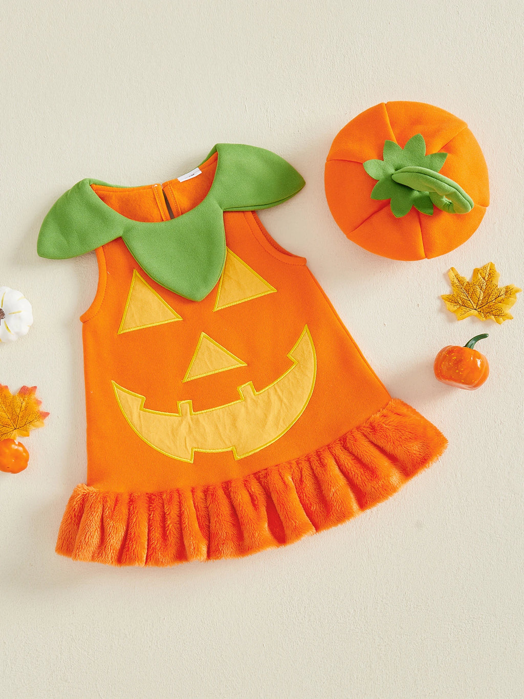 Halloween Pumpkin & Ghost Velvet Costume Dress & Hat – Girls (12M–24M)