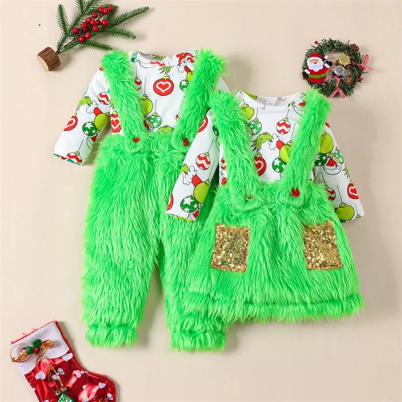 Holiday Christmas Romper & Plush Suspender Set – Baby & Toddler (6M–24M)