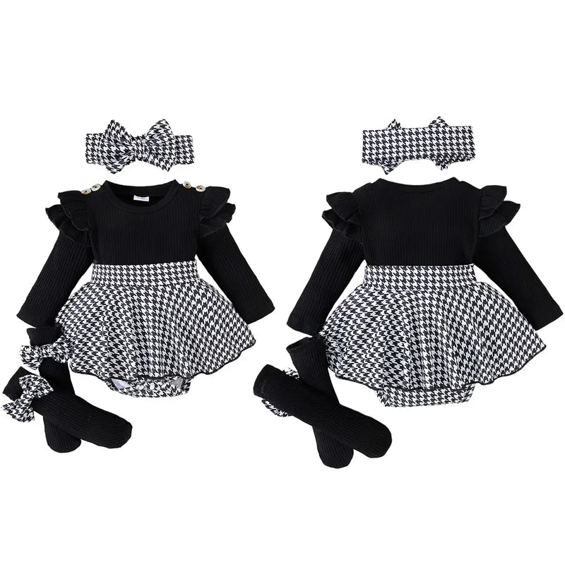 Houndstooth Romper Dress Set with Headband & Socks – Baby Girl (0M–18M)