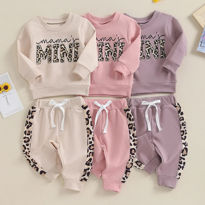 Baby Girl Leopard & Letter Print 2-Piece Outfit – Long Sleeve Pullover Top & Strap Pants (0-3T)