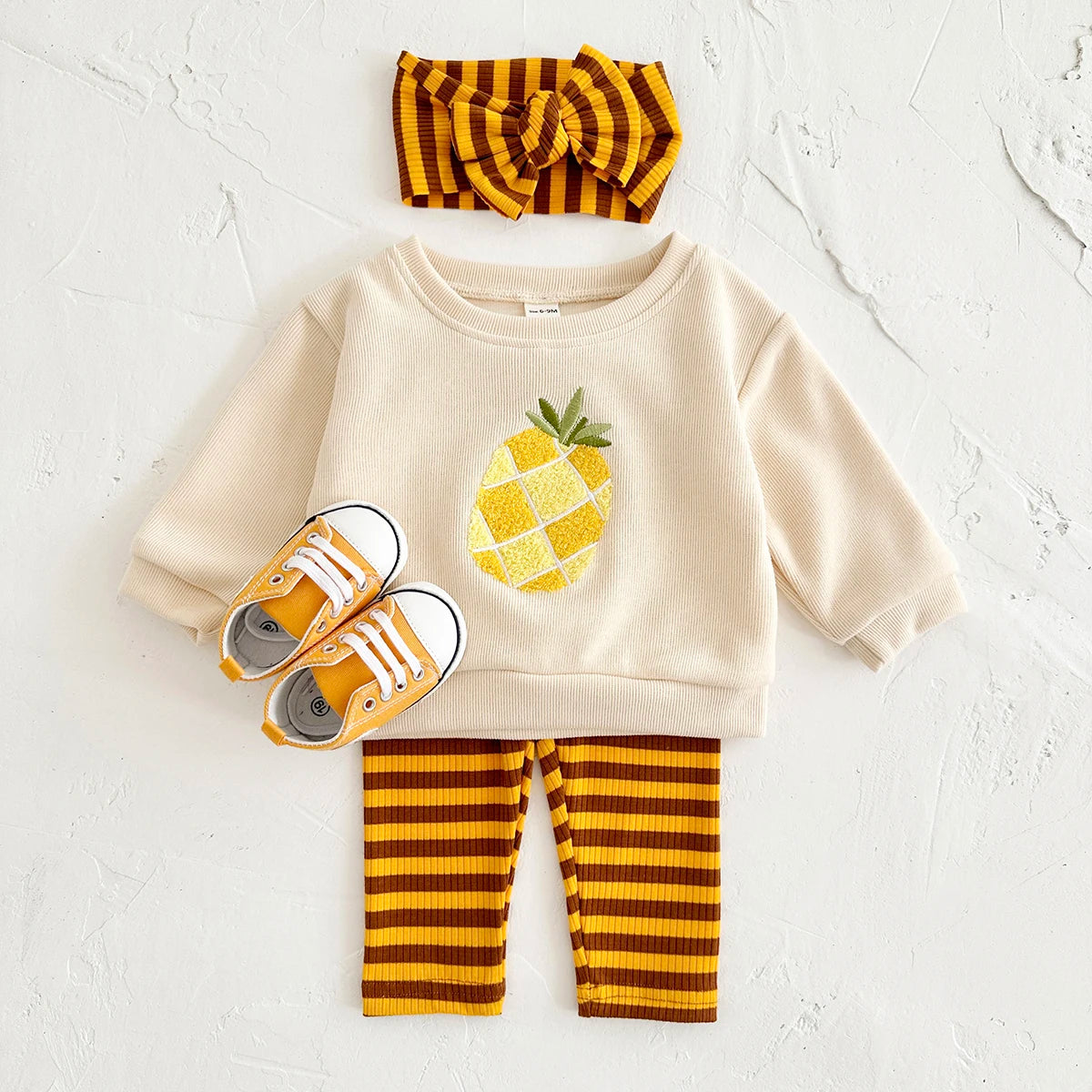 Fruit Embroidery Top, Striped Pants & Hair Band Set – Unisex (6M–18M)