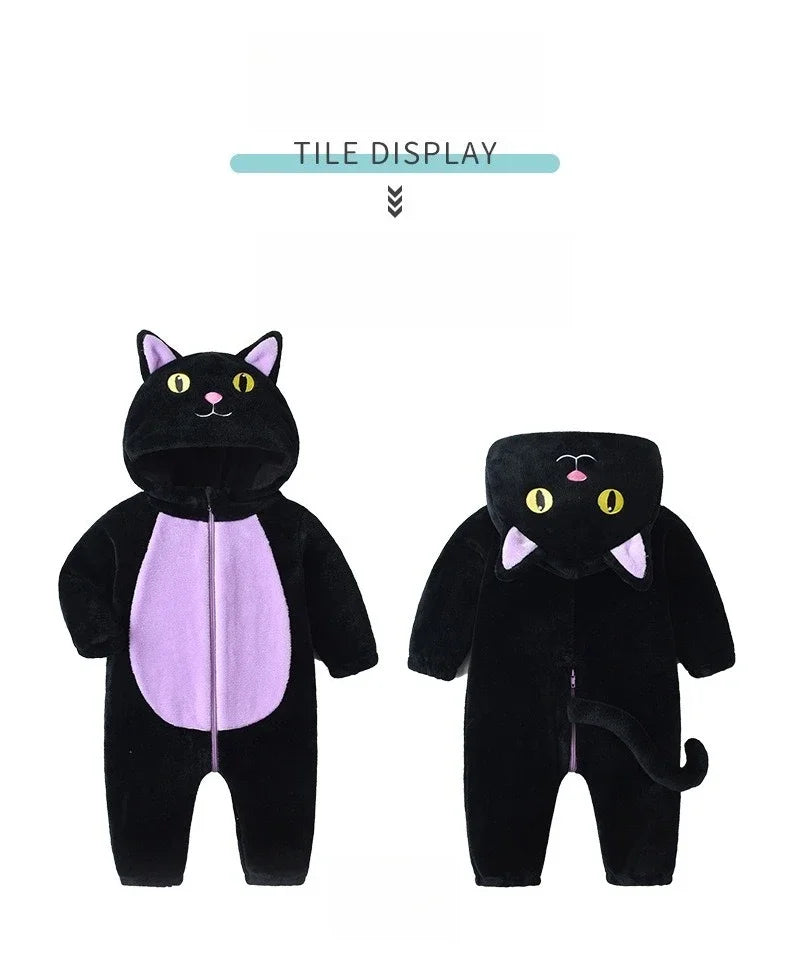 Halloween Black Cat Fleece Costume Jumpsuit – Unisex (3M–24M)