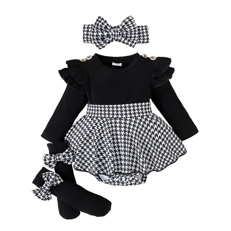 Houndstooth Romper Dress Set with Headband & Socks – Baby Girl (0M–18M)