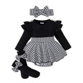 Houndstooth Romper Dress Set with Headband & Socks – Baby Girl (0M–18M)