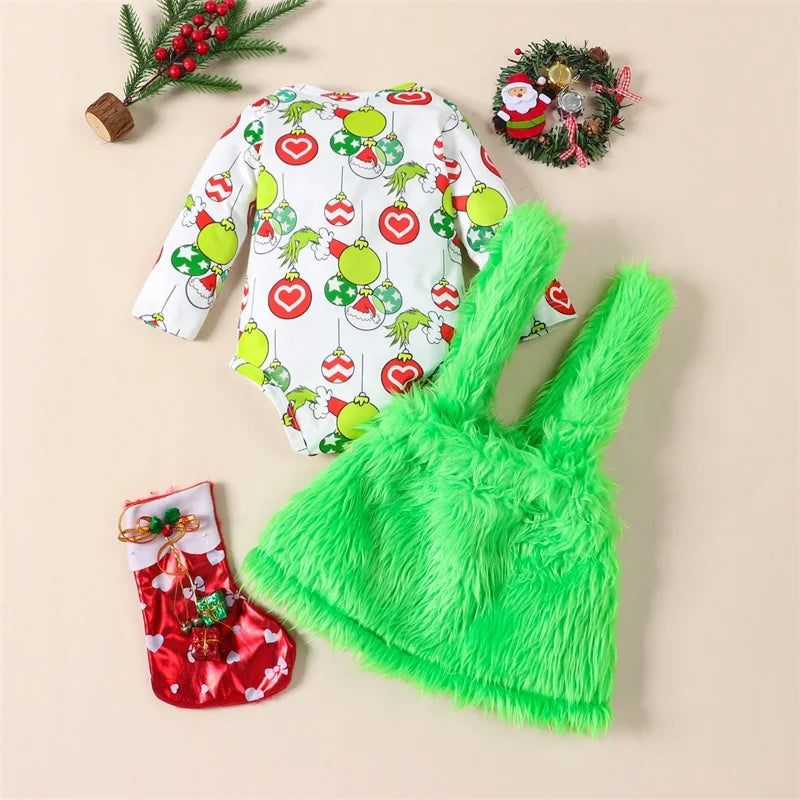 Holiday Christmas Romper & Plush Suspender Set – Baby & Toddler (6M–24M)