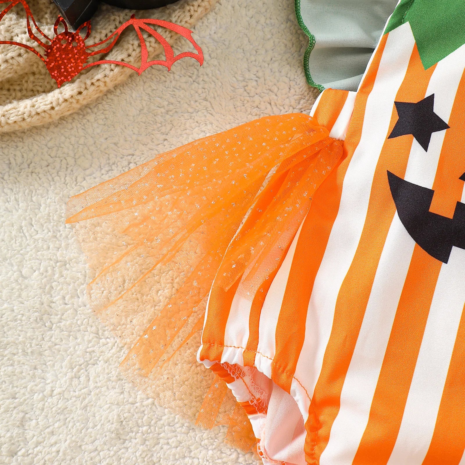 Halloween Pumpkin Mesh Romper – Girls (0–18M)