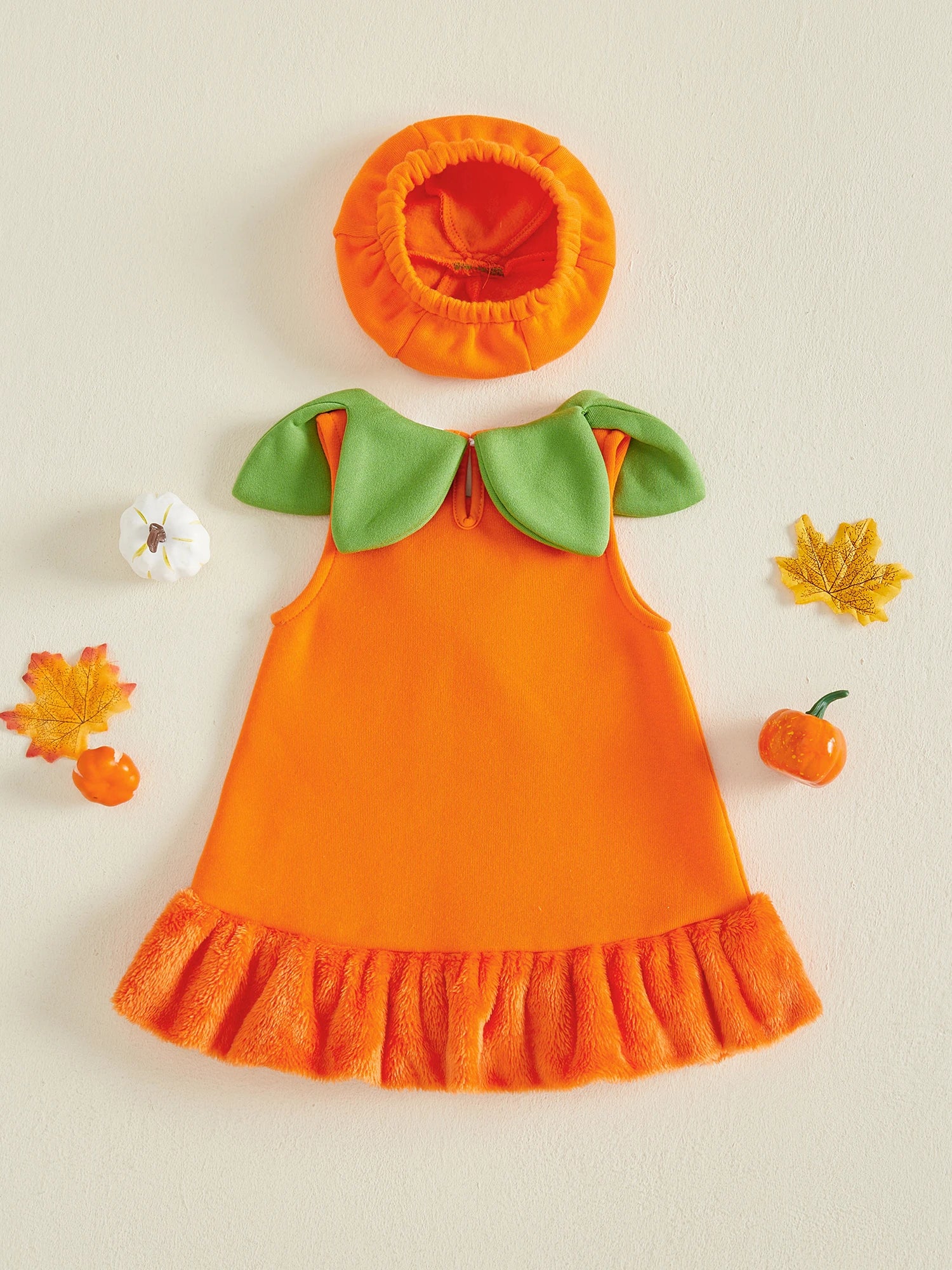 Halloween Pumpkin & Ghost Velvet Costume Dress & Hat – Girls (12M–24M)