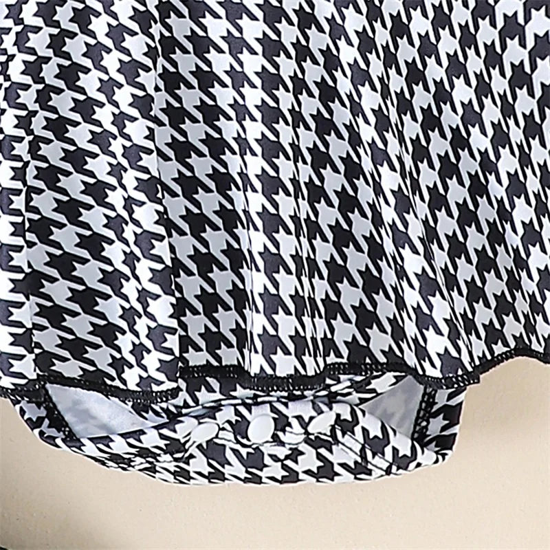Houndstooth Romper Dress Set with Headband & Socks – Baby Girl (0M–18M)