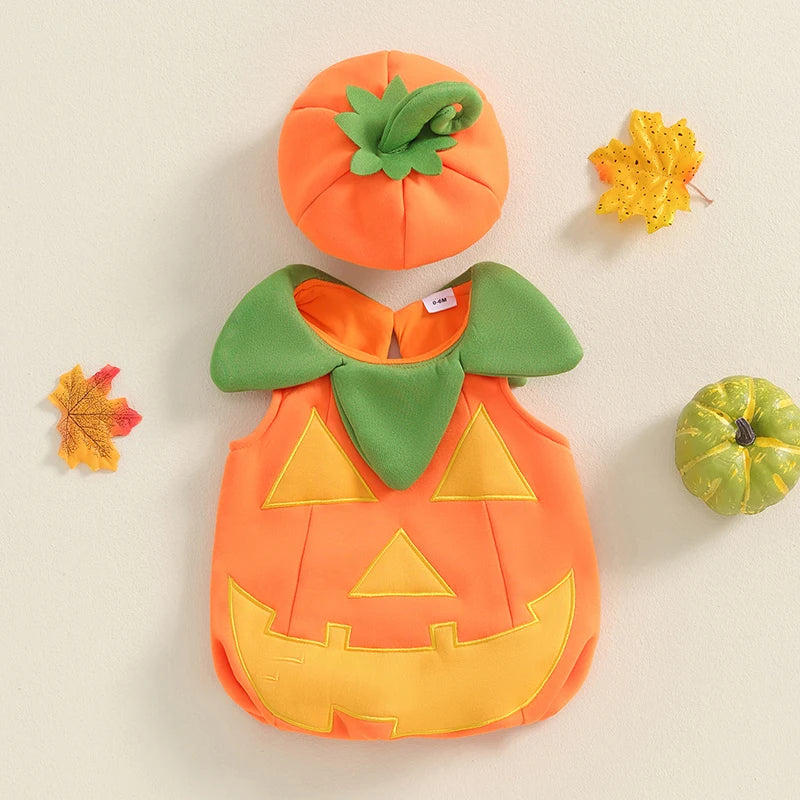 Halloween Pumpkin Romper & Hat Set – Baby (0M–3T)