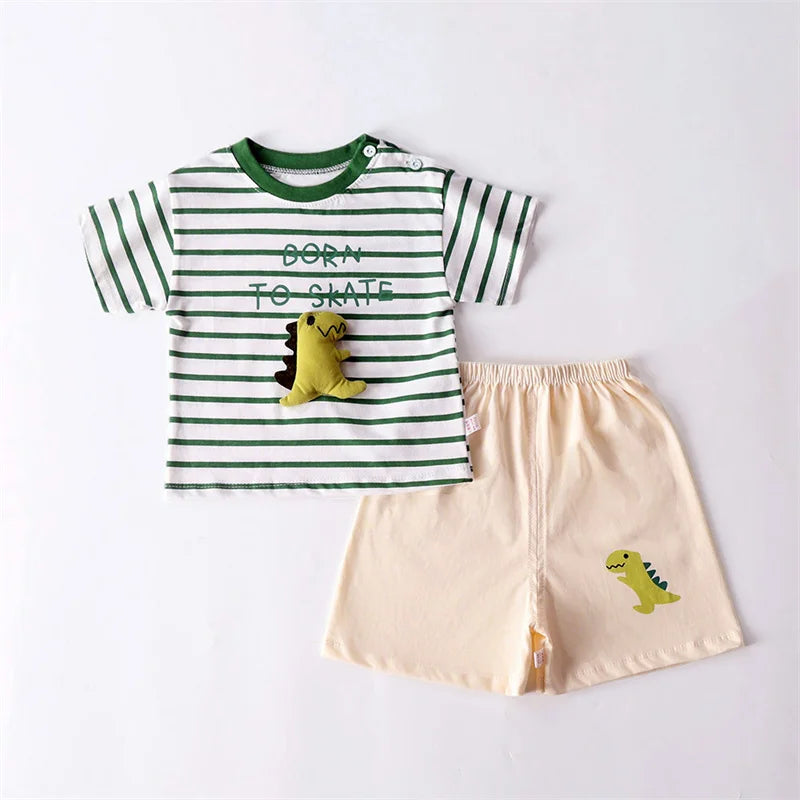 Dinosaur Striped T-Shirt & Shorts Set – Unisex (6M–5T)