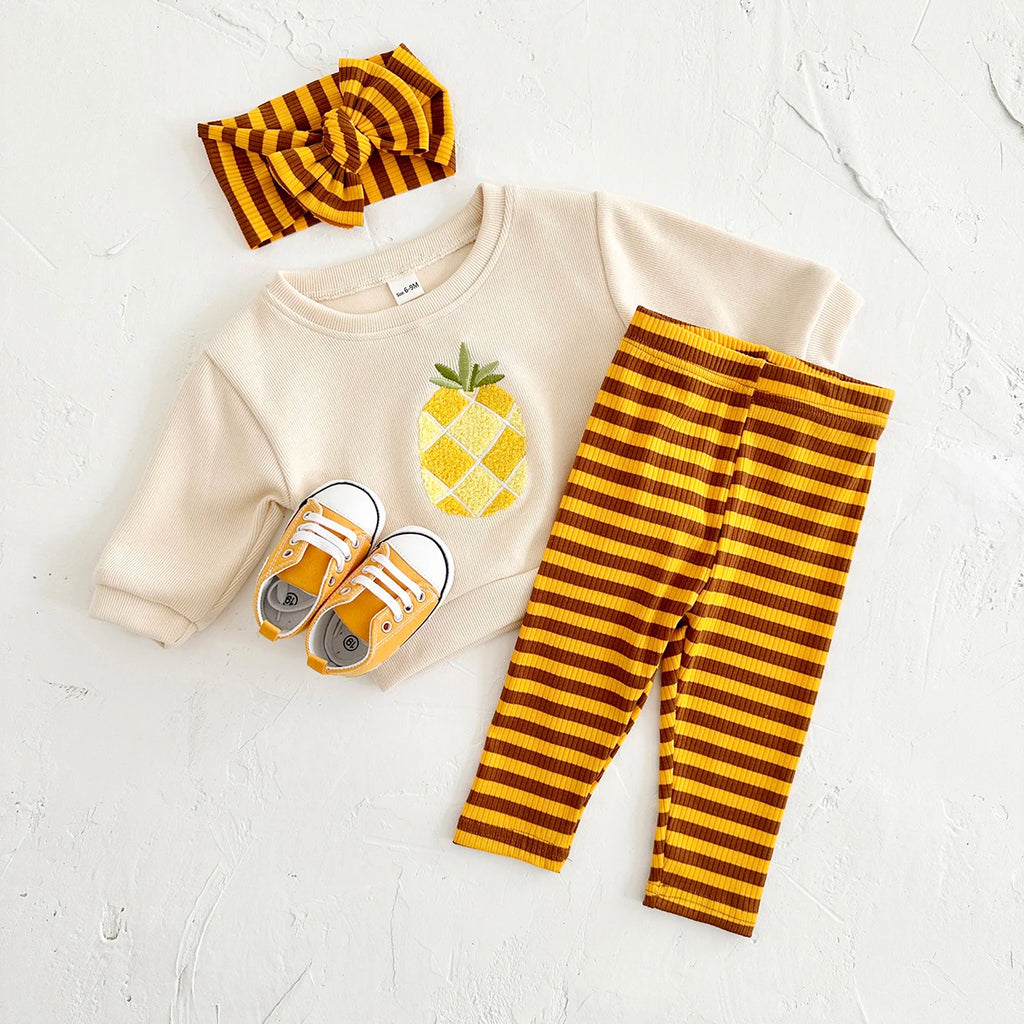 Fruit Embroidery Top, Striped Pants & Hair Band Set – Unisex (6M–18M)