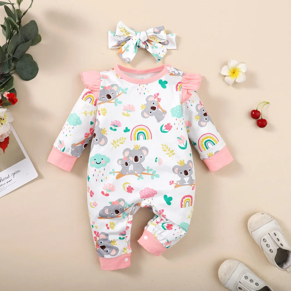 Koala Print Romper & Headband Set – Girls (1M–12M)