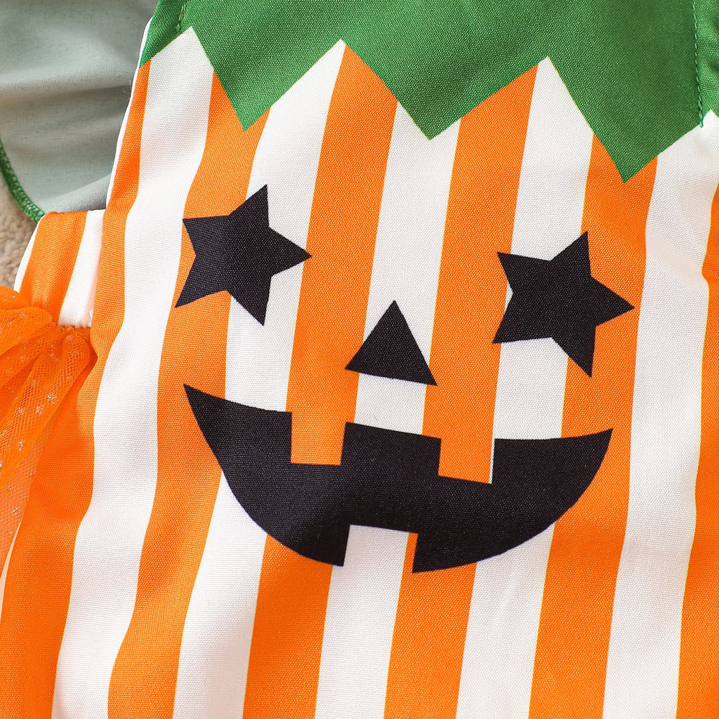 Halloween Pumpkin Mesh Romper – Girls (0–18M)
