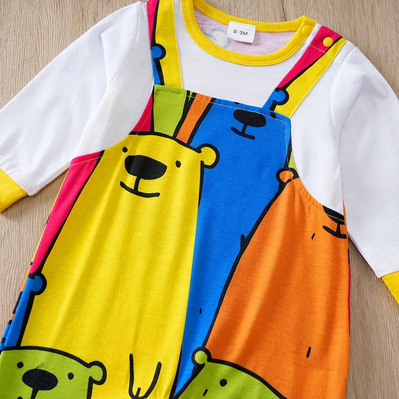 Bear Print Faux Suspender Romper – Baby (0–18M)