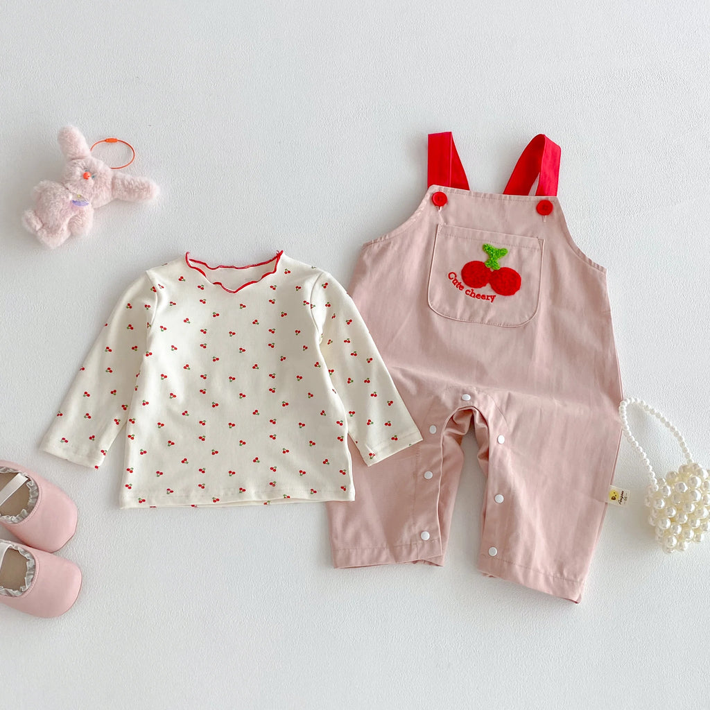 Cherry Print Top & Strap Overall Set – Girls (3M–12M)