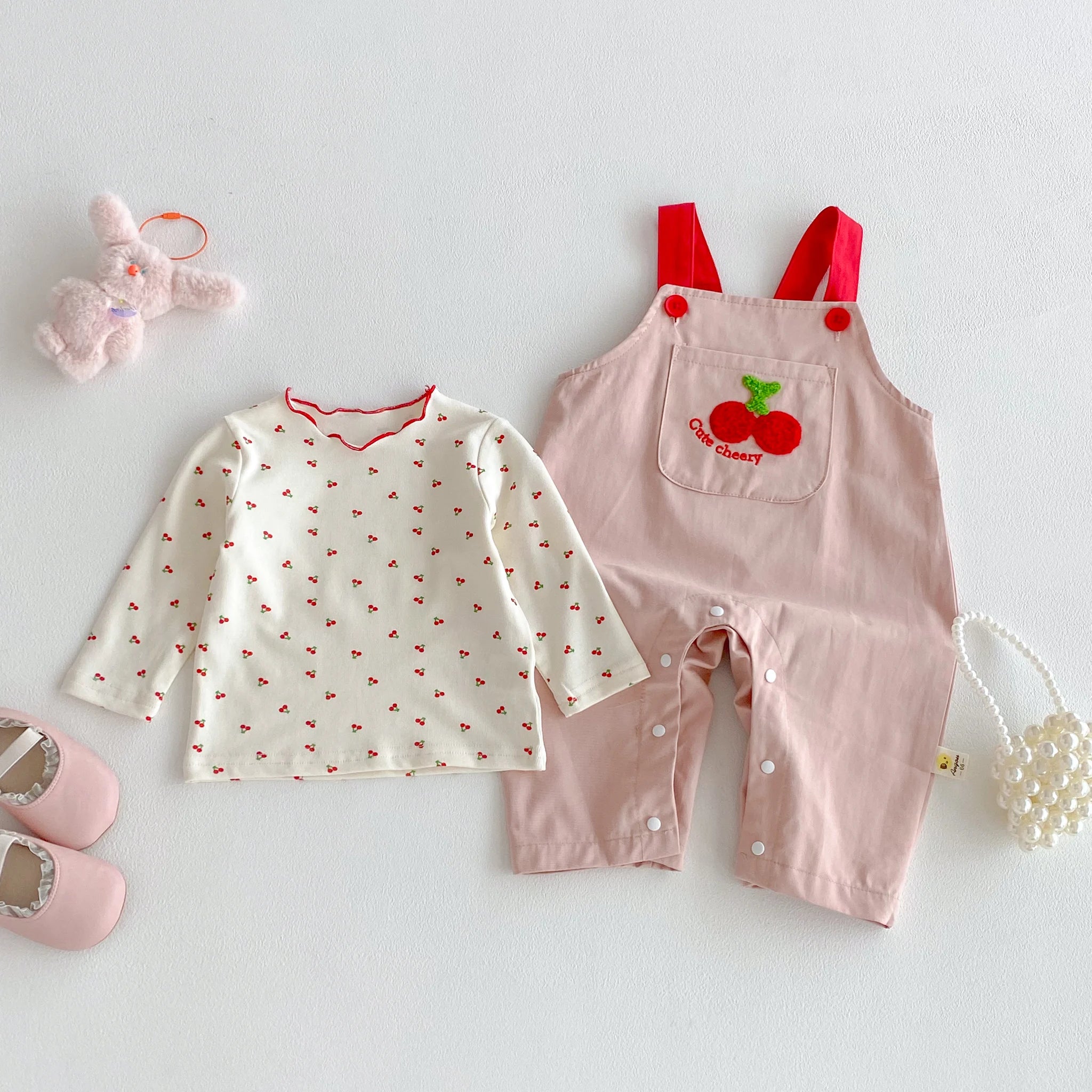 Cherry Print Top & Strap Overall Set – Girls (3M–12M)
