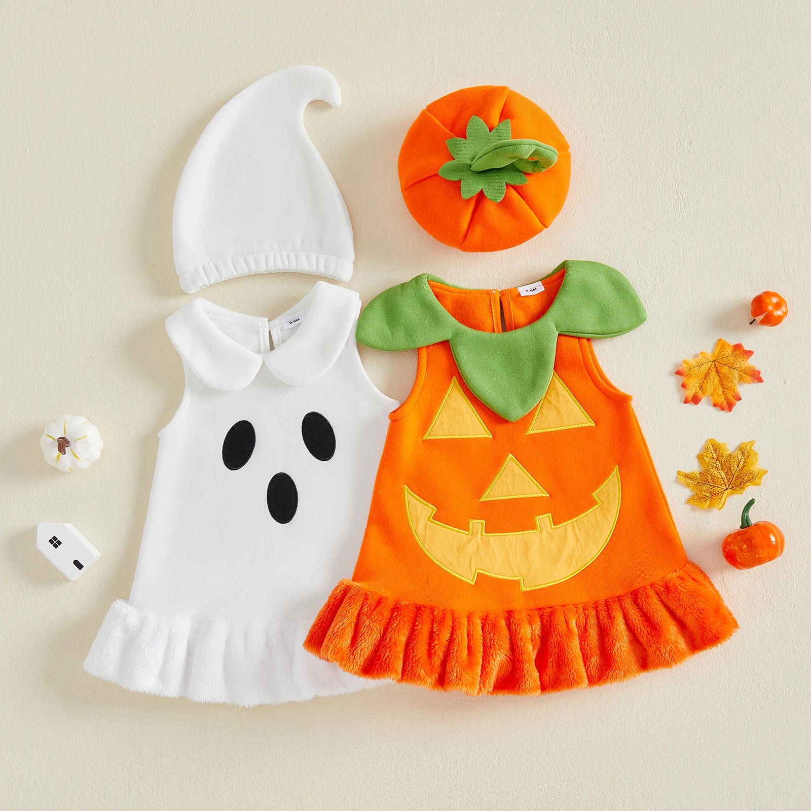 Halloween Pumpkin & Ghost Velvet Costume Dress & Hat – Girls (12M–24M)